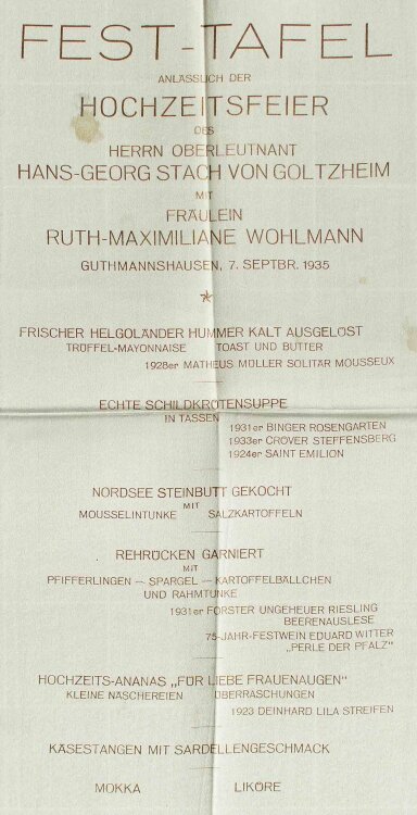 Hochzeitsfeier (Wohlheim und von Goltzheim) - Festtafel - Menükarte - 07.09.1935