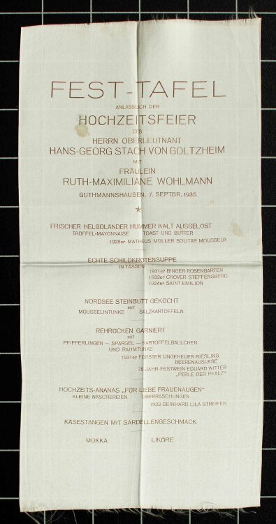 Hochzeitsfeier (Wohlheim und von Goltzheim) - Festtafel - Menükarte - 07.09.1935