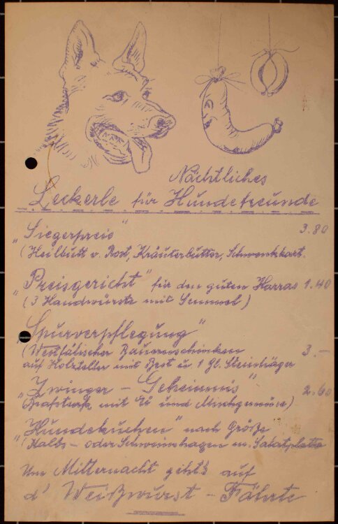 Hundeverein - Vereinsessen - Menükarte