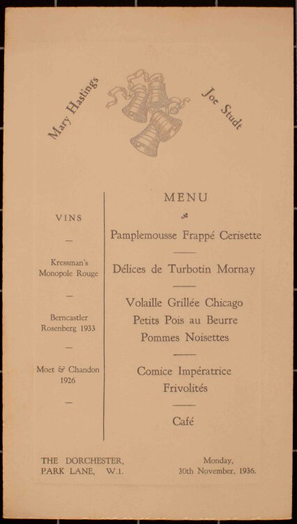 The Dorchester (London) - Lunch - Menükarte - 30.11.1936