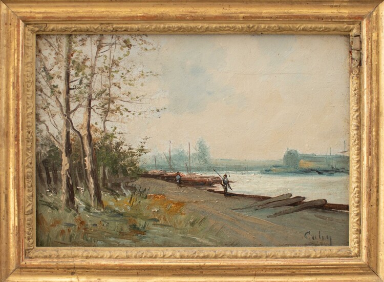 Hippolyte M. Galy - Flußlandschaft mit Angler - Öl auf Holz - o.J.