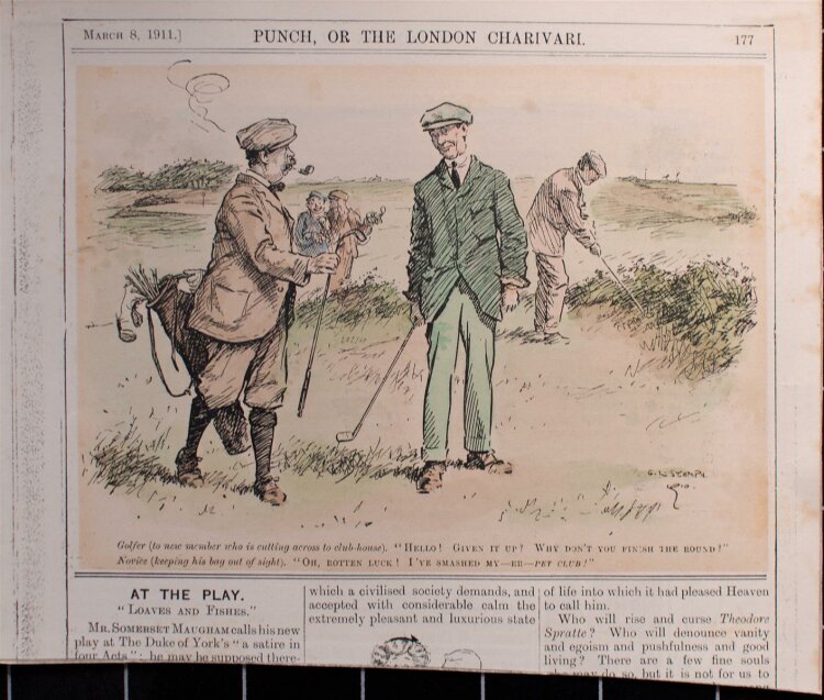 Stampa - Golfplatzkonversation zwischen Profi und Anfänger - Lithografie - 1911