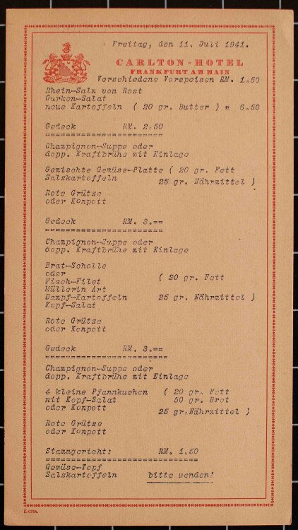Carlton Hotel (Frankfurt am Main) - Speisekarte - Menükarte - 11.07.1941