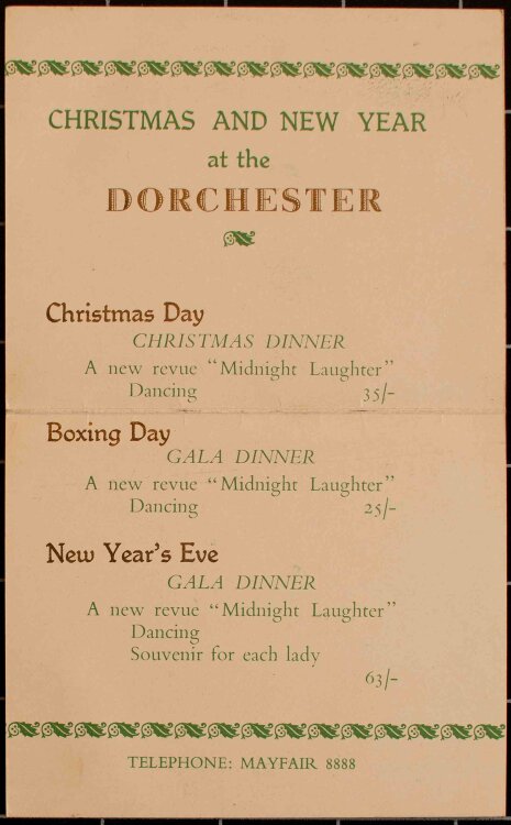 Dorchester (London) - Feiertagskarte - Menükarte -