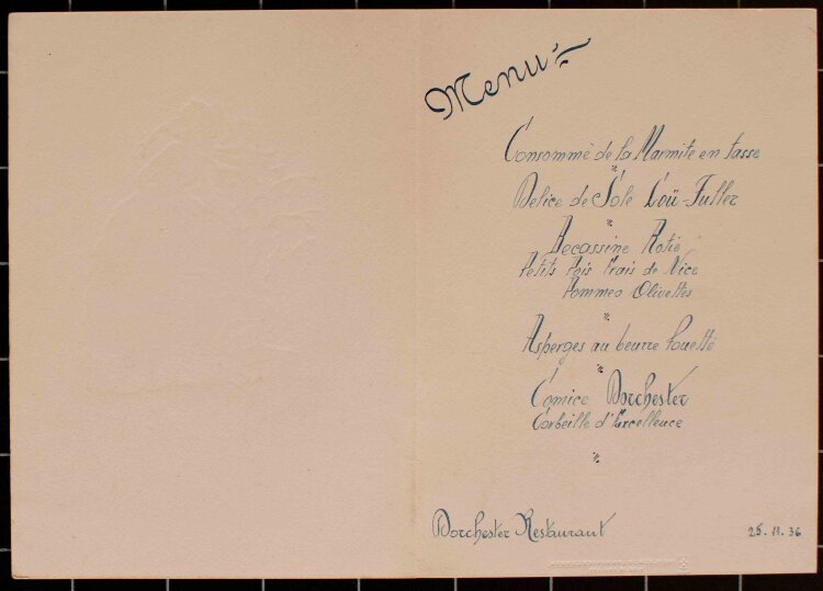 Dorchester Restaurant (London) - Abendessen - Menükarte - 25.11.1936