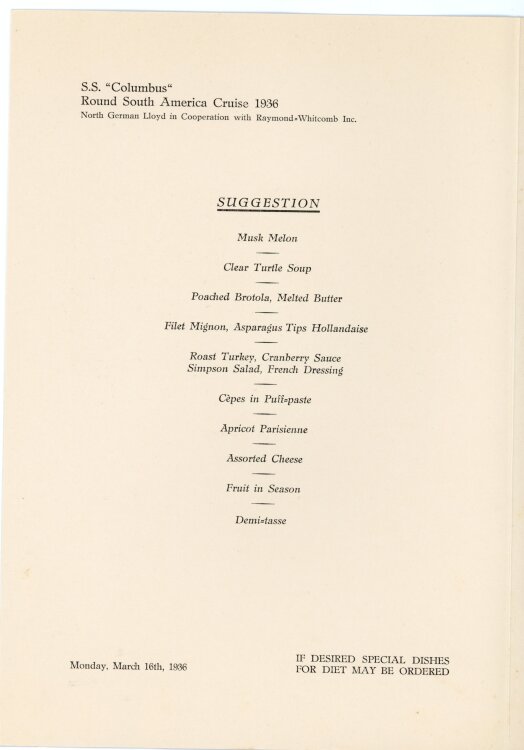S.S. Columbus (Round South America Cruise, North German Lloyd) - Dinner - Menüka