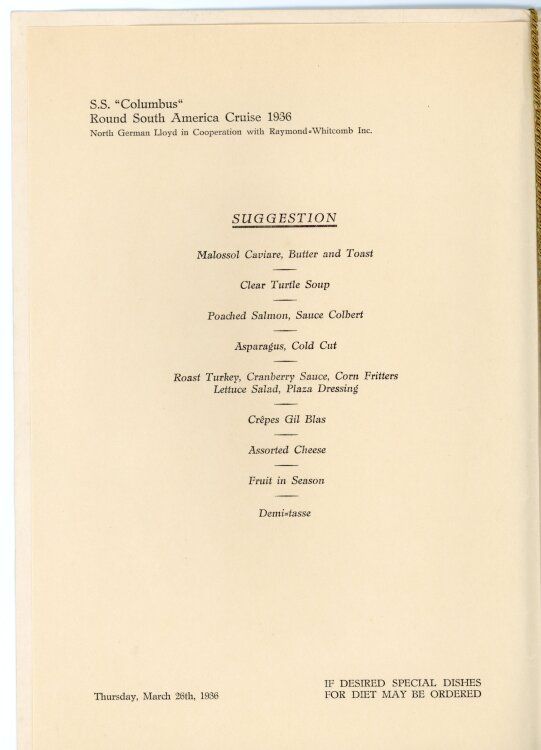 S.S. Columbus (Round South America Cruise, North German Lloyd) - Abschiedsessen