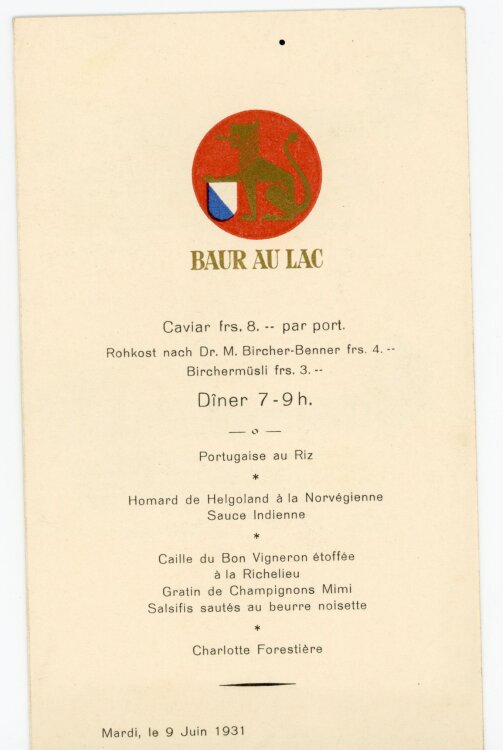 Baur au Lac (Zürich) - Diner - Menükarte - 09.06.1931