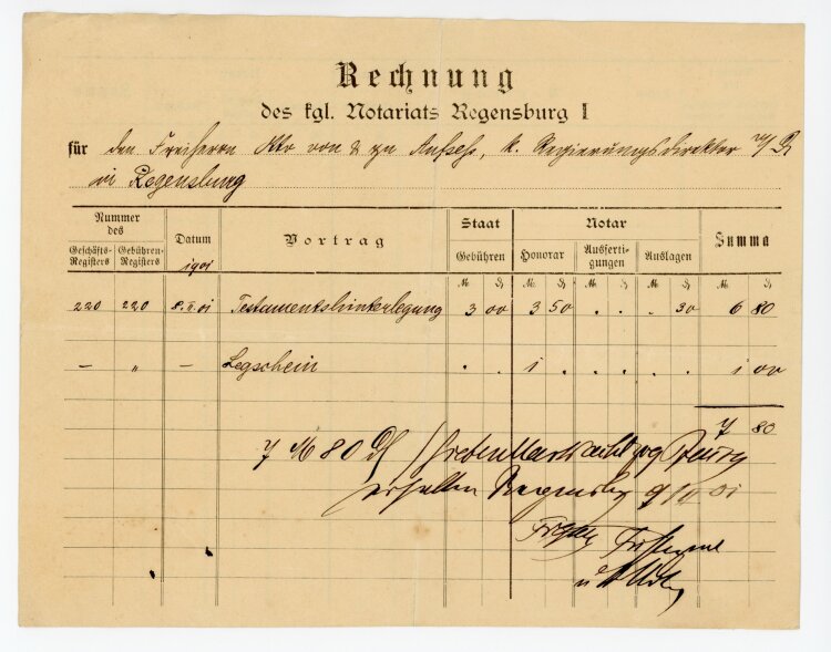 Rechnung - Königliches Notariat Regensburg I  - von...