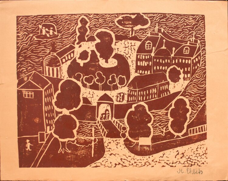 M. Ehbets - Schlossinsel - Holzschnitt - 1950er
