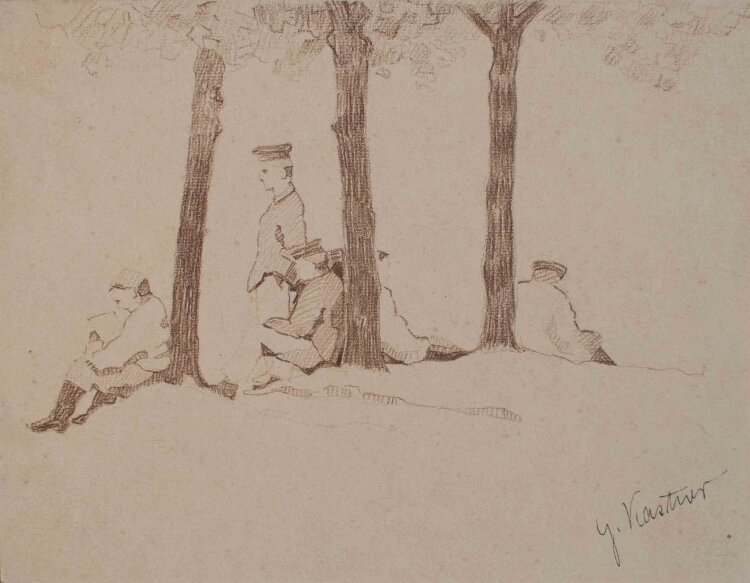 Gustav Kastner - Offiziere unter einem Baum - Farbstiftzeichnung - um 1914