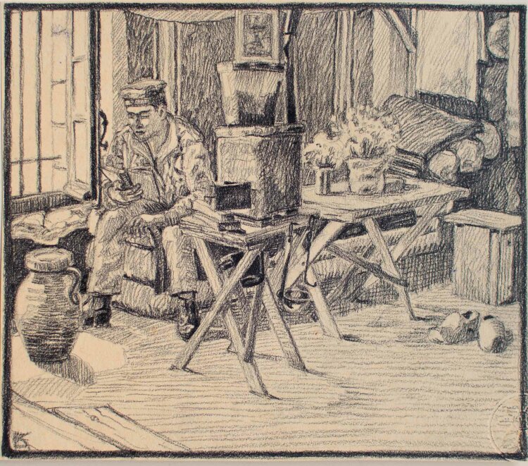 Gustav Kastner - Lesender Soldat - Kohlezeichnung - um 1915