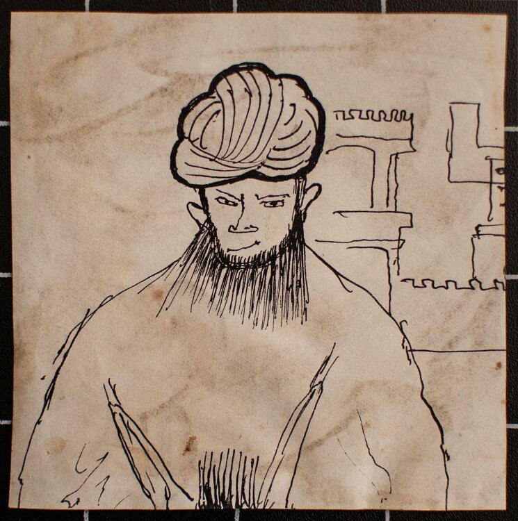 Gerhard Kersch - Mann mit Turban / männliches Porträt - Tuschezeichnung - o. J.