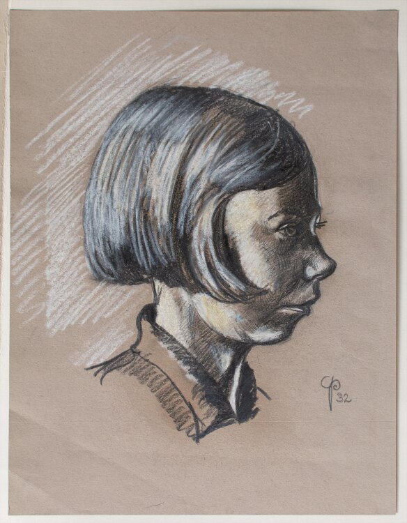 Monogrammist C.P. - Mädchen mit Bubikopf - Kreidezeichnung - 1932