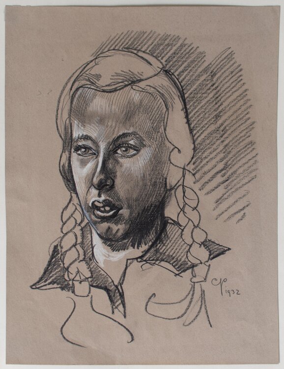 Monogrammist C.P. - Mädchen mit Zöpfen - Kreidezeichnung - 1932
