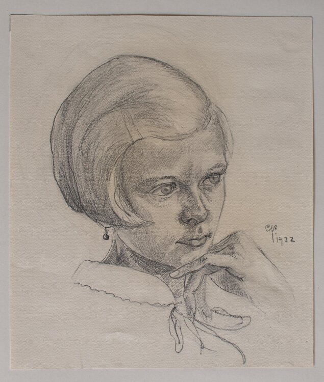 Monogrammist C.P. - Mädchenkopf mit Hand - Bleistiftzeichnung - 1932