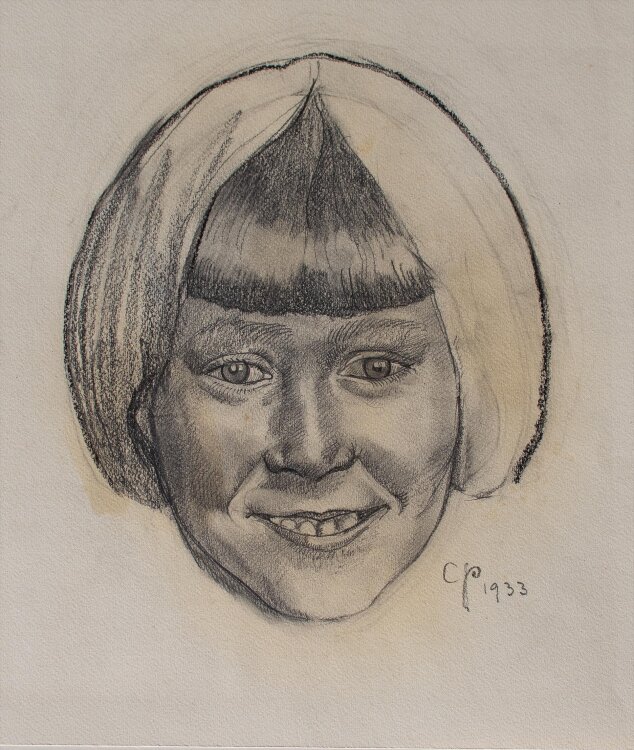 Monogrammist C.P. - Mädchenkopf mit Bubikopf - Bleistift- und Kreidezeichnung - 1933