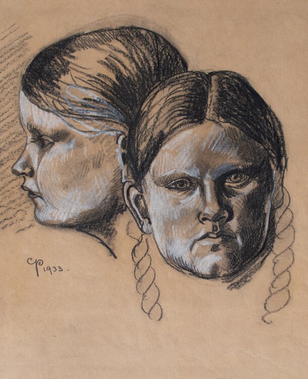 Monogrammist C.P. - Mädchenköpfe mit Zöpfen - Kreidezeichnung - 1933