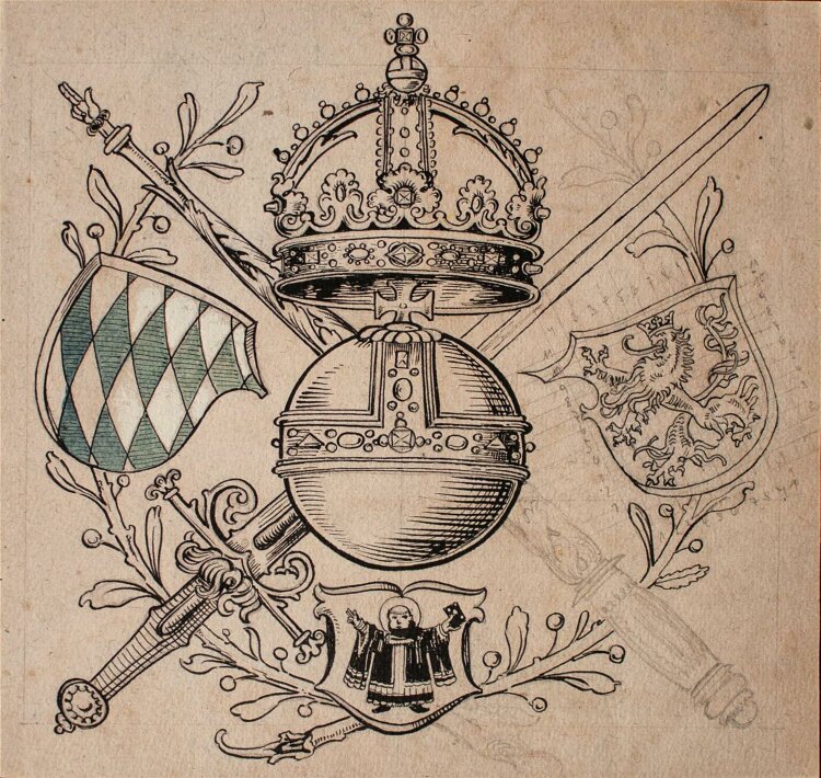 Unbekannte - bayrisches Wappen u München m. Reichsapfel - Tuschezeichnung - o.J.