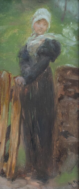Hermann Kaulbach - Mädchen am Zaun - Öl auf Holz - o.J.
