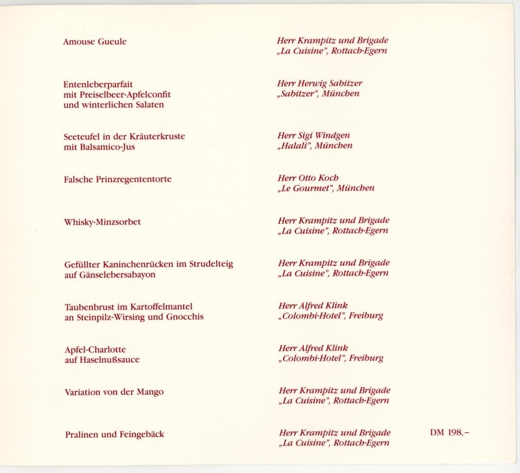 Presse Gala-Diner - Menükarte  - 12.04.1988