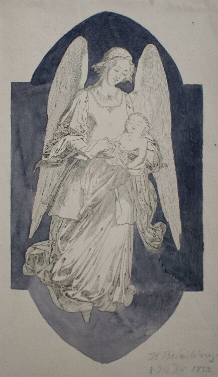 Karl Heinrich Beichling - Engel mit schlafendem Kind - Tuschezeichnung - 1858