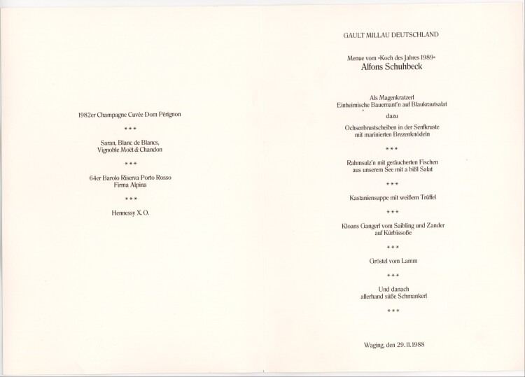 Gault Millau - Menu von Koch des Jahres 1989 Alfons Schuhbeck - Menükarte  - 29.11.1988