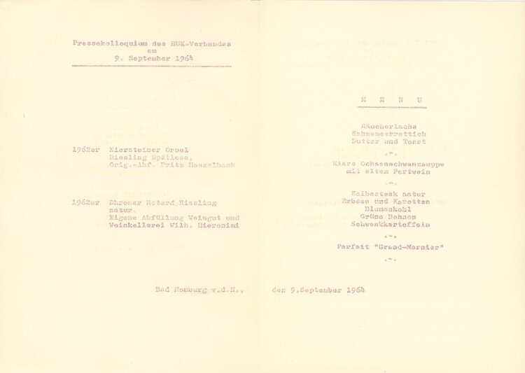 Pressekolloquium des HUK-Verbandes - Ritters Park Hotel - Menükarte  - 9.9.1964
