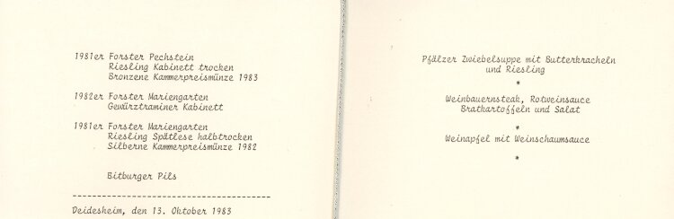Weingut Hahnhof Deidesheim - Menükarte  - 13.11.1983