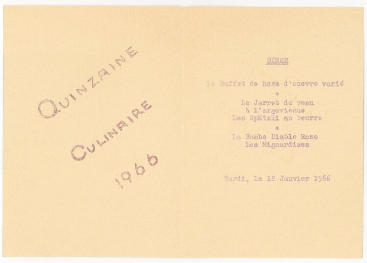 Hotel Belvedere - Menükarte  - 18.1.1966