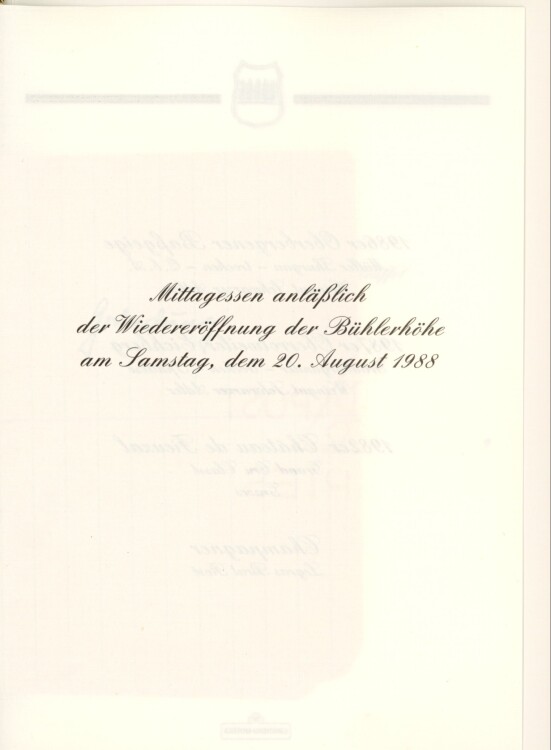 Mittagessen anl. Der Wiedereröffnung der Bühlerhöhe - Menükarte  - 20.8.1988