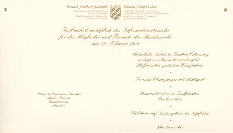 Festbankett Informationsbesuch Freunde der Bundeswehr - Bavaria Hotelfachschule - Menükarte  - 12.2.1988
