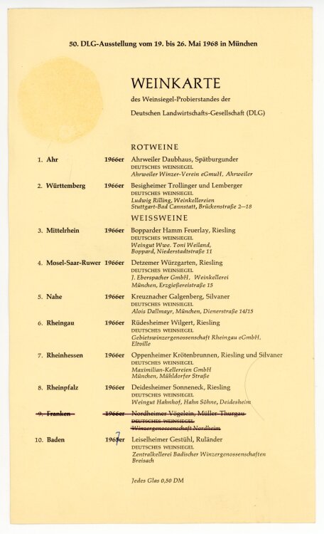 50. DLG-Ausstellung des Weinsiegel-Probierstandes der DLG - Weinkarte  - 19-16.05.1968
