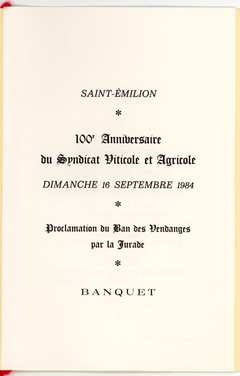 100e Anniversaire du Syndicat Viticole et Agricole - Menükarte  - 16.09.1984