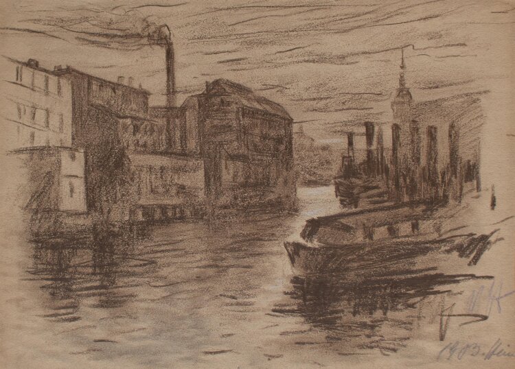 Robert Heinrich - Alt-Berlin am Krögel von der Fischerbrücke aus - Kohlezeichnung - 1903