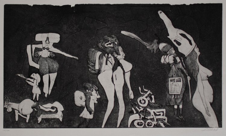 Pit Morell - Figurenszene weiblicher Akt - Radierung - 1970
