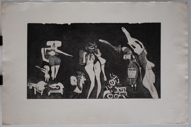 Pit Morell - Figurenszene weiblicher Akt - Radierung - 1970