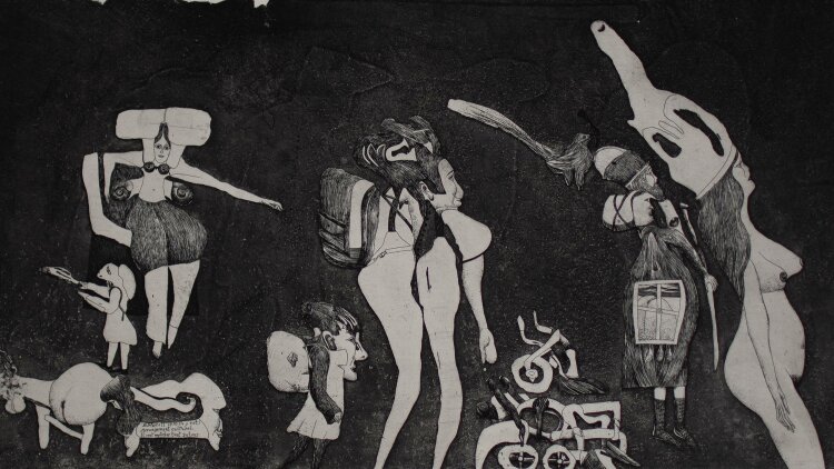 Pit Morell - Figurenszene weiblicher Akt - Radierung - 1970