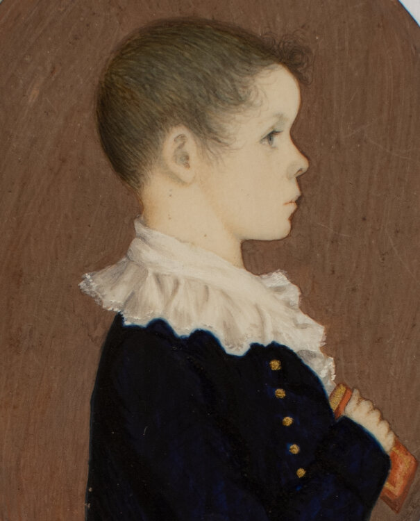Miniatur Portrait Biedermeier Porträt Knabe mit Buch Gouache auf Bein 19. Jh.