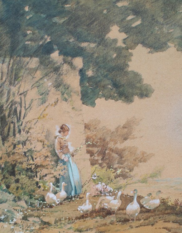 Unleserlich signiert - Gänsemagd - Aquarell - o.J.