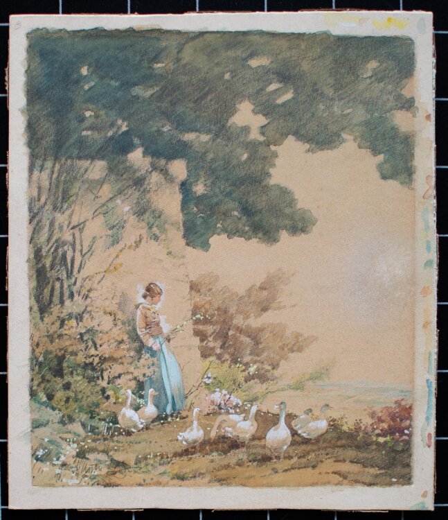 Unleserlich signiert - Gänsemagd - Aquarell - o.J.