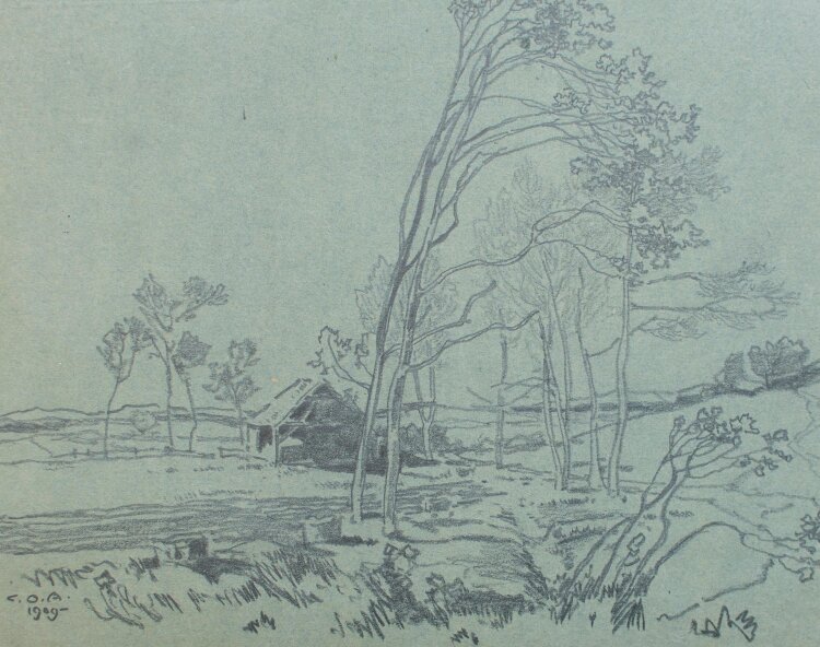 Carl Oskar Arends - Bauernhaus in Vorgebirgslandschaft - Bleistiftzeichnung - 1909