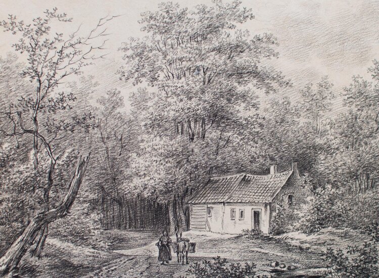 Monogrammist "C.H." - Frau mit Esel in Waldlandschaft - Zeichnung - o.J.