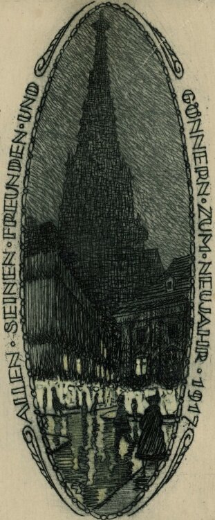 Wilhelm (Willi) Sauer - Neujahrswunsch (Wiener Straßenszene, Nacht) - Radierung - 1917