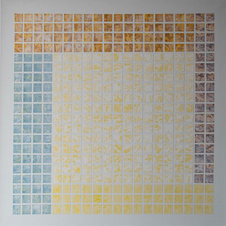 Sascha Langer - Rasterkomposition in gelb, orange, blau - Ölmalerei - 1999