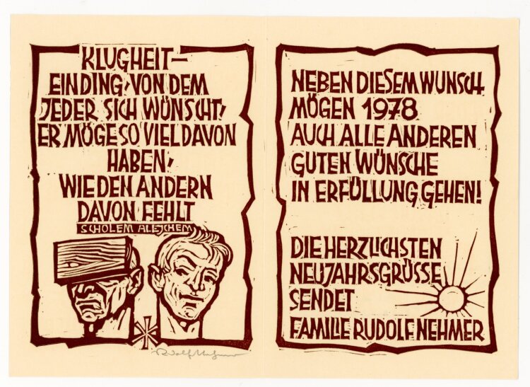 Rudolf Nehmer - Neujahrsgrafik "Klugheit" - Holzschnitt - 1977