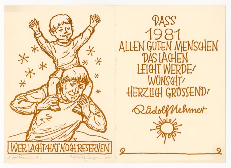 Rudolf Nehmer - Neujahrsgrafik "Wer lacht, hat noch Reserven" - Holzschnitt - 1980