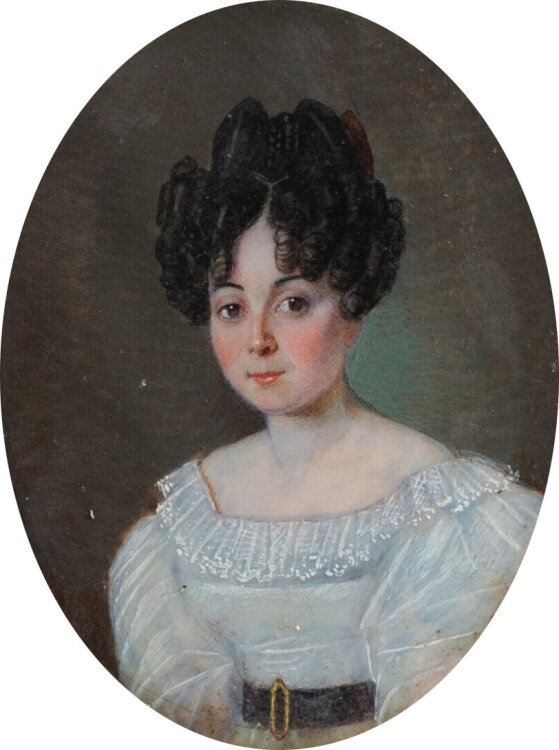 Unbekannt - Porträt einer jungen Dame mit Schleife im Haar - Gouache auf Bein - um 1830