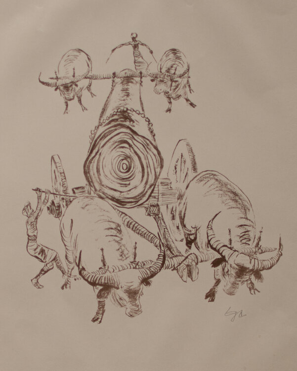 Egmont Schäfer - Ochsengespann mit Baumstamm - o.J. - Lithografie