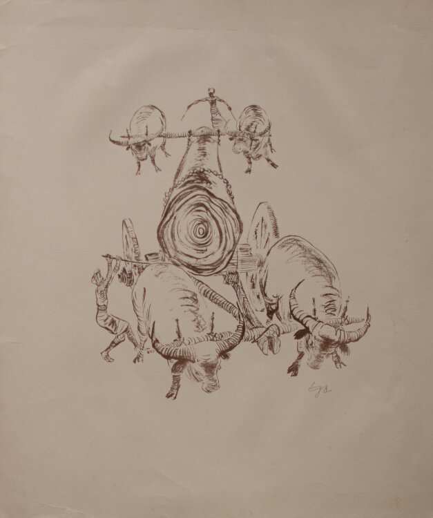 Egmont Schäfer - Ochsengespann mit Baumstamm - o.J. - Lithografie